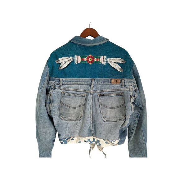 Vtg Y2K Denim Patchwork Jacket Tribal Boho Streetwear Feather Embroidery - Picture 6 of 15